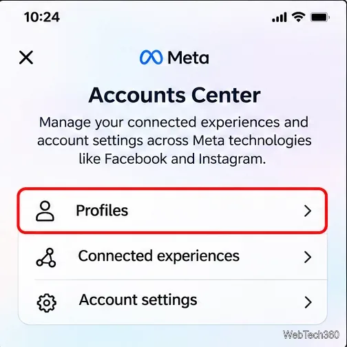 Ecranul mobil Meta Accounts Center care afișează opțiunea Profiluri.