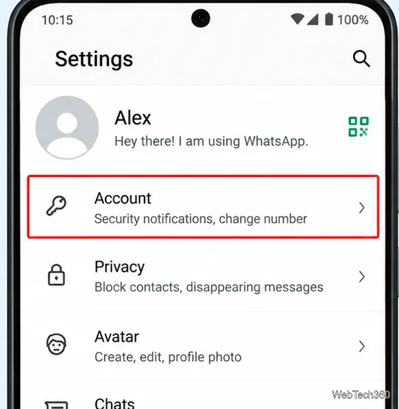 Android版WhatsAppの設定ページに、アカウントオプションが表示されている。