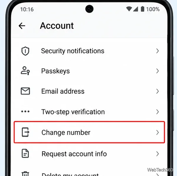 WhatsAppアカウント設定画面で「番号の変更」がハイライト表示されている。