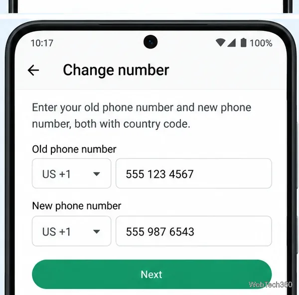 WhatsAppフォームには、旧電話番号と新電話番号(国番号を含む)を入力する欄があります。