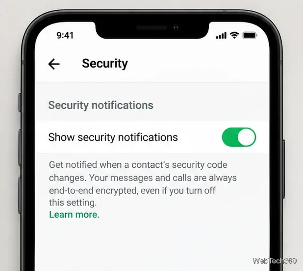 セキュリティ通知を表示するスイッチがオンになっているWhatsAppのセキュリティ設定画面。