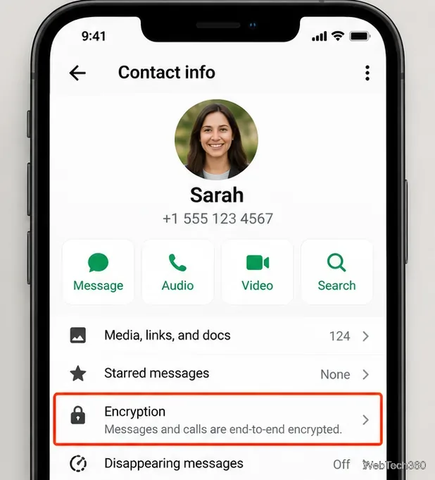 WhatsAppの連絡先情報画面で、星印の付いたメッセージの下にある暗号化エントリが強調表示されている。