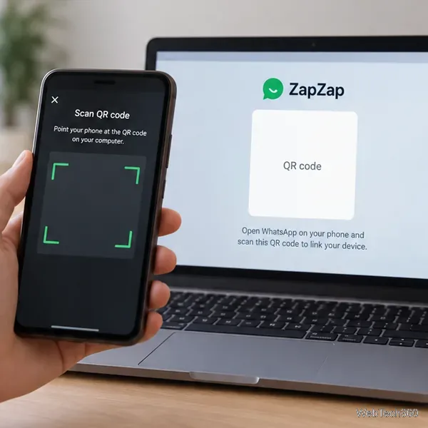 Câmera do celular apontada para a área do QR Code em uma janela do ZapZap em um laptop Linux.
