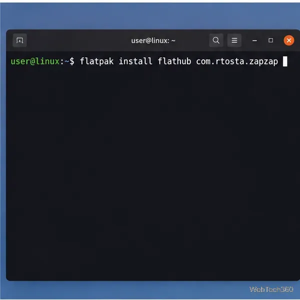 Terminal Linux mostrando o comando Flatpak para instalar o com.rtosta.zapzap do Flathub.
