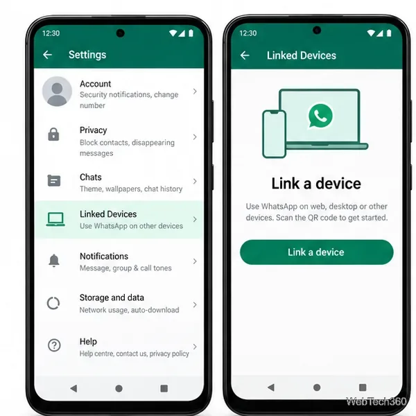 Duas telas do WhatsApp para Android mostrando Dispositivos Vinculados e o botão Vincular um dispositivo.