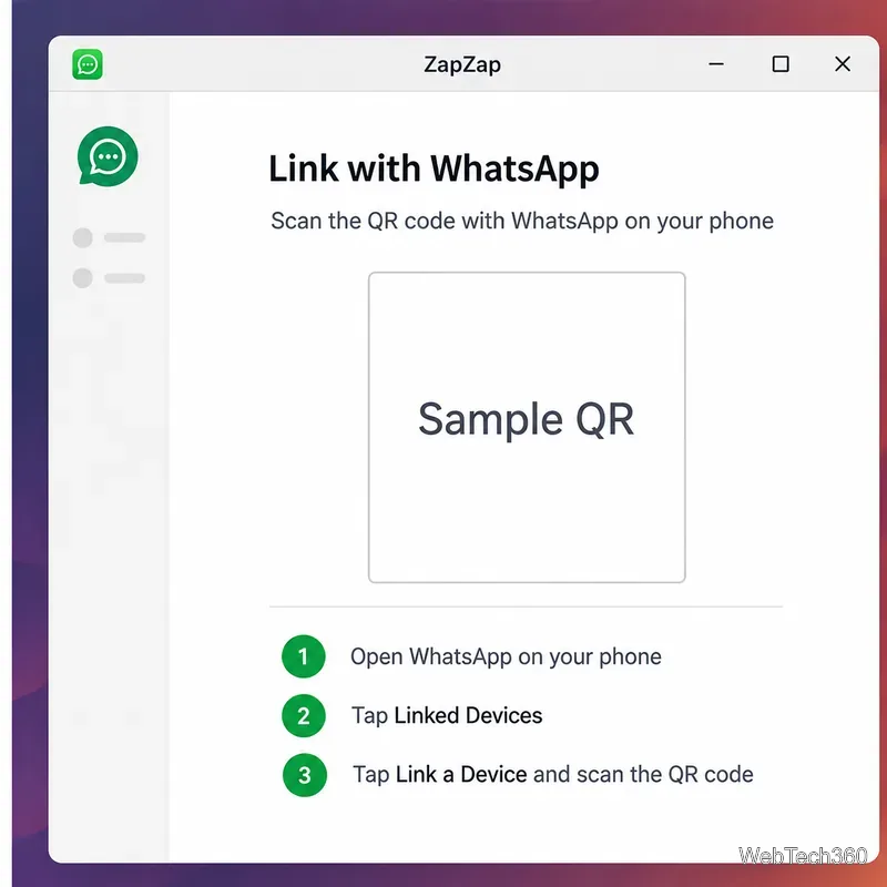 Janela de login do ZapZap com um exemplo de código QR claramente identificado e instruções para vincular o WhatsApp.