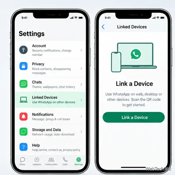 Telas de Configurações do WhatsApp no ​​iPhone e Dispositivos Vinculados com o botão Vincular um Dispositivo