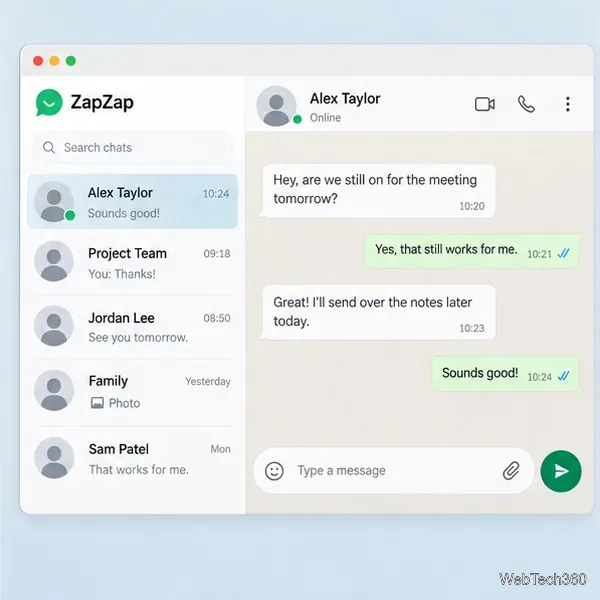 Ilustração da janela de bate-papo do ZapZap para desktop, mostrando a lista de conversas, o bate-papo selecionado, as bolhas de mensagem e o editor de texto.