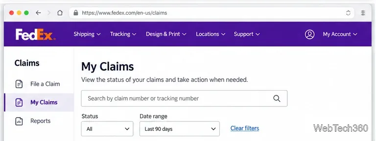 Раздел списка претензий FedEx Claims Online с элементами поиска и фильтрации.
