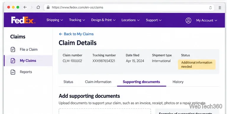Страница с подробной информацией о претензии FedEx, содержащая раздел с подтверждающими документами для добавления доказательств претензии.