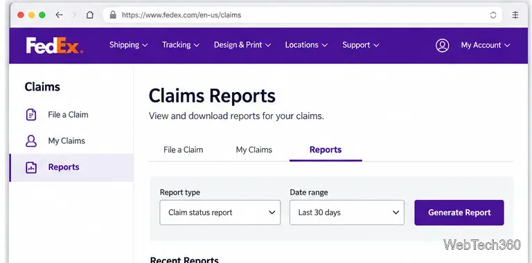 Интерфейс обработки претензий FedEx с выбранной вкладкой «Отчеты» и видимыми элементами управления отчетом о статусе претензии.