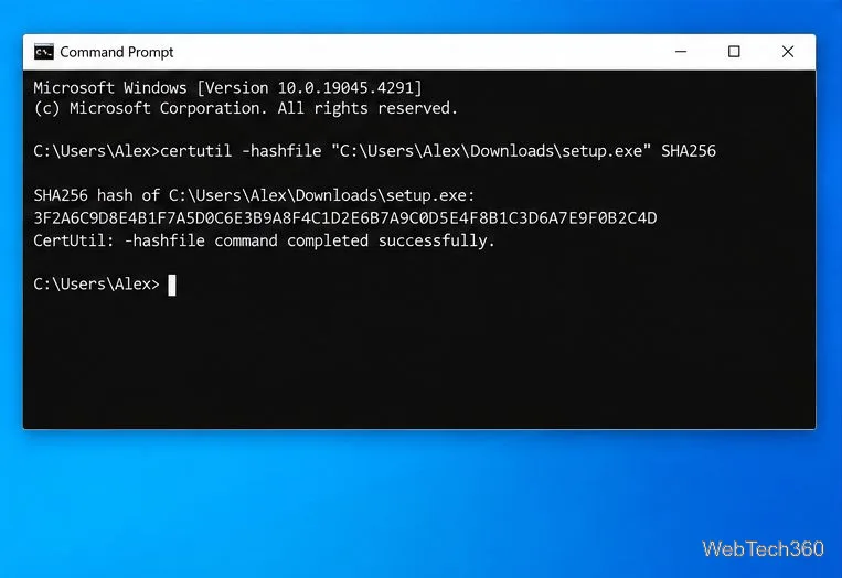 O fereastră de comandă care afișează certutil -hashfile care returnează un digest SHA-256.
