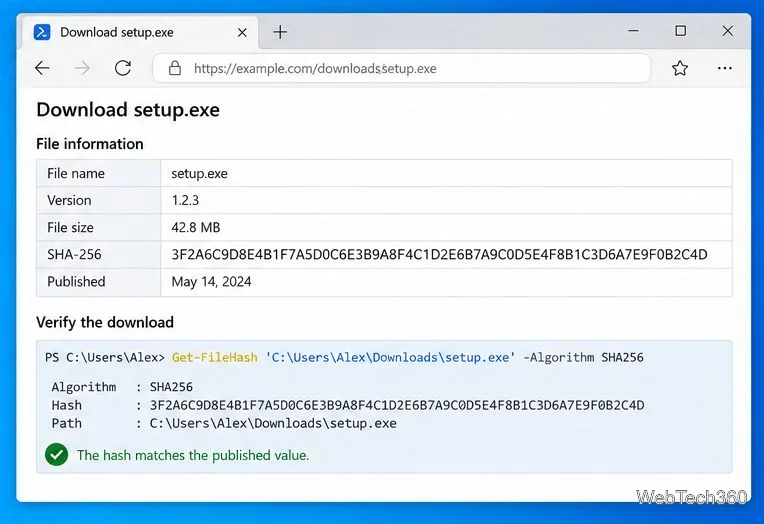 Un exemplu de pagină cu detalii despre descărcare care afișează o valoare SHA-256 publicată lângă un rezultat PowerShell corespunzător.