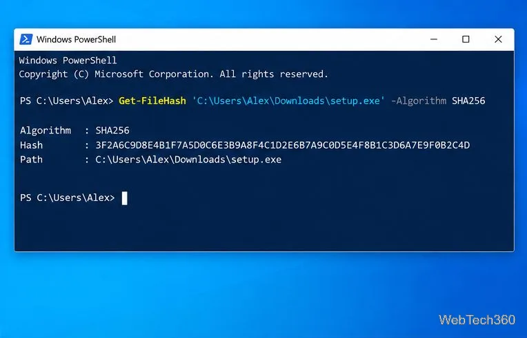 O fereastră PowerShell care afișează Get-FileHash calculând un rezumat SHA-256 pentru un fișier de instalare descărcat.