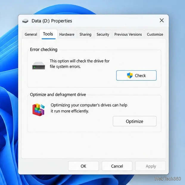 Dialogfeld „Eigenschaften des Windows-Laufwerks“, in dem die Registerkarte „Tools“ ausgewählt und die Schaltfläche „Prüfen“ für die Fehlerprüfung sichtbar ist.
