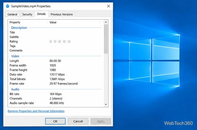 Fila Detalii Proprietăți video Windows 10 care afișează lățimea cadrului de 1920, înălțimea cadrului de 1080 și rata cadrelor de 29,97 cadre pe secundă
