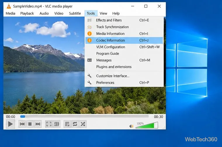 Meniul Instrumente VLC pentru Windows cu Informații despre codec evidențiate în timp ce SampleVideo.mp4 este deschis
