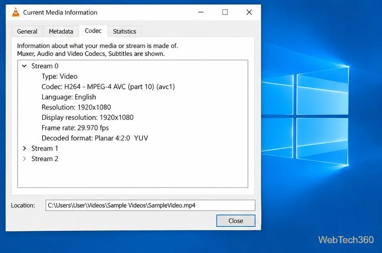 Fila Codec VLC Current Media Information care afișează o rezoluție video de 1920 x 1080 și o rată de cadre de 29,970 fps