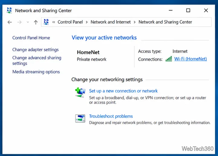 Network and Sharing Center shows HomeNet under active networks and Wi-Fi (HomeNet) under Connections.