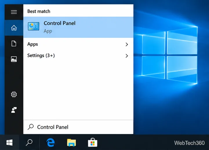 Windows 10 Start search displays Control Panel as the best match.