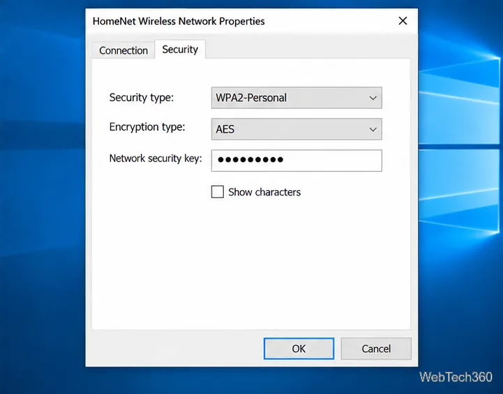 Wireless Network Properties has the Security tab selected and shows Security type: WPA2-Personal, with the network key masked.