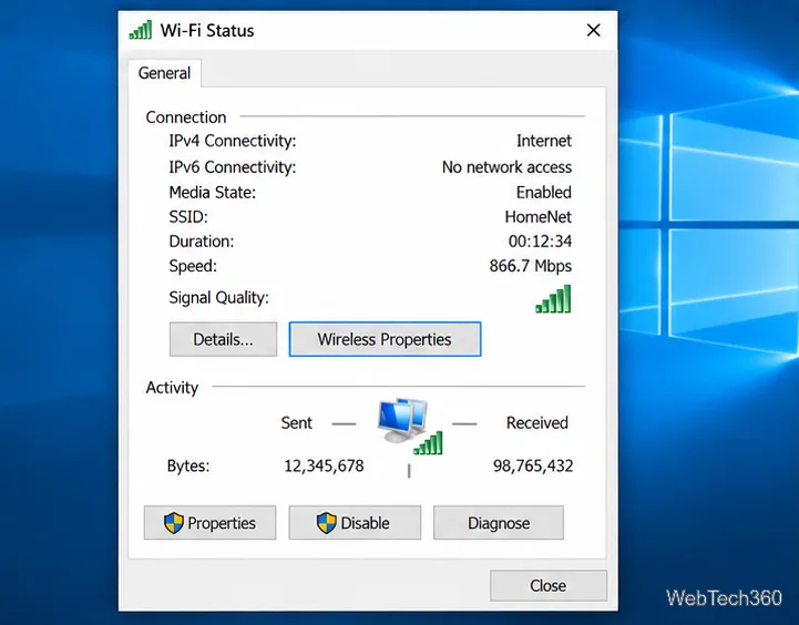 The Wi-Fi Status dialog for HomeNet has a Wireless Properties button.