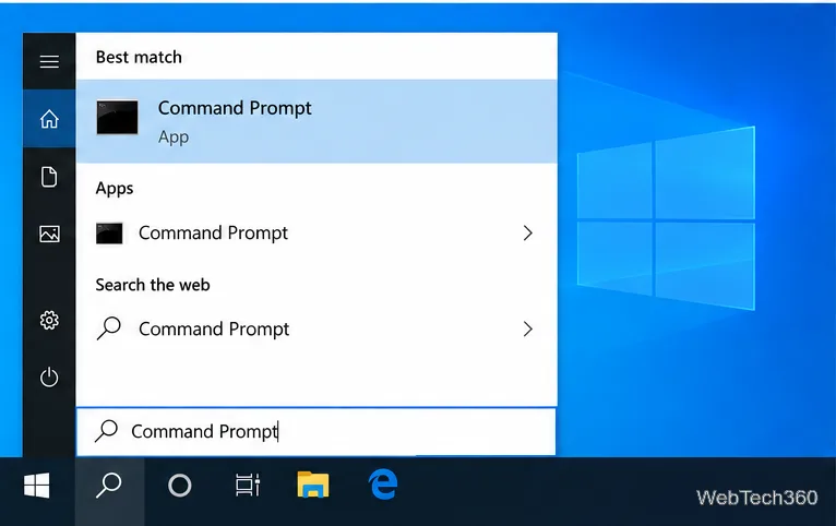 Windows 10 Start search displays Command Prompt as the best match.