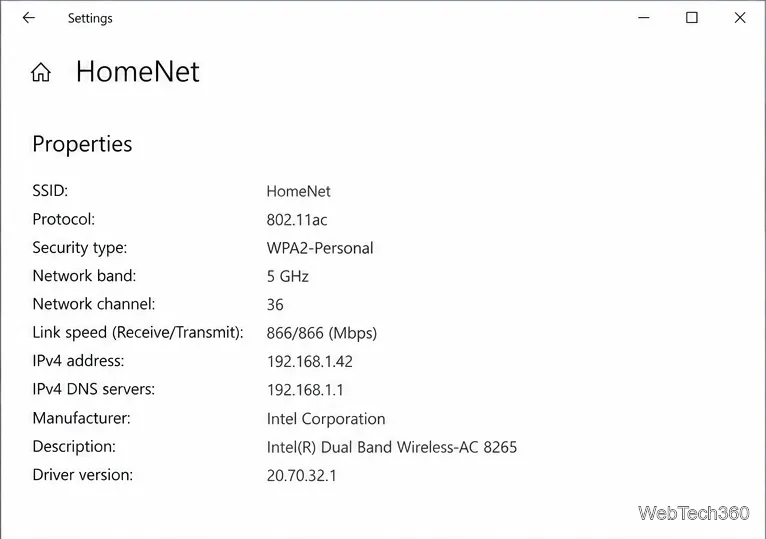 The HomeNet properties list in Windows 10 includes Security type: WPA2-Personal.