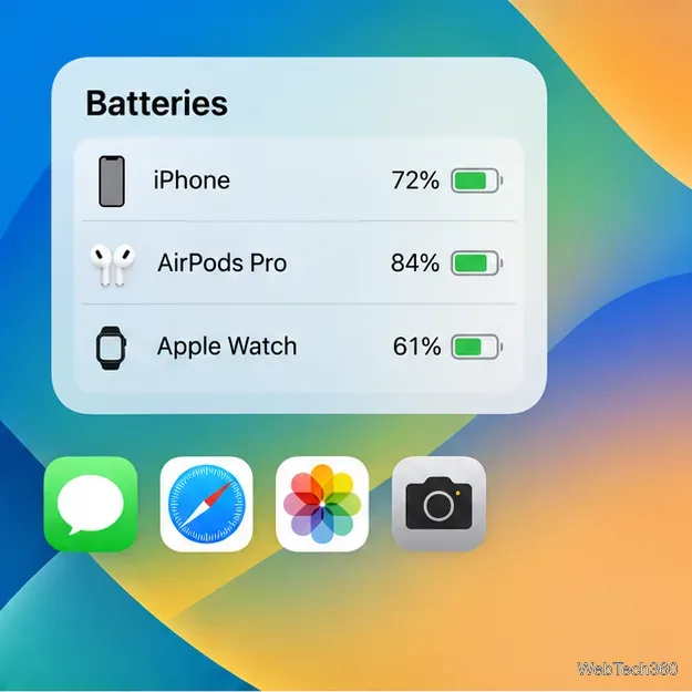 バッテリーウィジェットのインターフェース図。iPhoneのバッテリー残量が72%、AirPods Proが84%、Apple Watchが61%と表示されている。