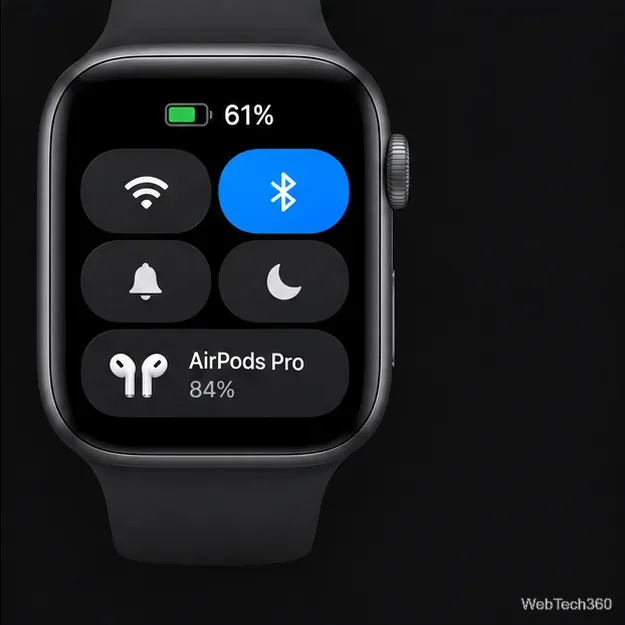 Apple Watchのコントロールセンターのインターフェース図。Apple Watchのバッテリー残量が61%、接続されているAirPods Proのバッテリー残量が84%であることを示している。