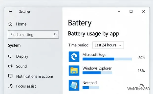 Setările Windows 10 afișează utilizarea bateriei în funcție de aplicație, cu procente ilustrative pentru Microsoft Edge, Windows Explorer și Notepad