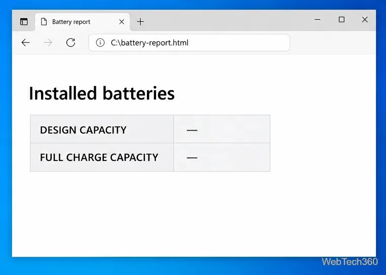 รายงานแบตเตอรี่ของ Windows ส่วนแบตเตอรี่ที่ติดตั้ง พร้อมช่องข้อมูลความจุตามการออกแบบและความจุเมื่อชาร์จเต็ม