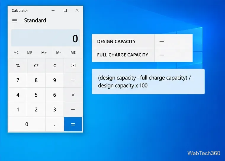 เครื่องคิดเลขของ Windows ปรากฏอยู่ข้างช่องแสดงความจุแบตเตอรี่ และสูตรคำนวณการเสื่อมสภาพของแบตเตอรี่โดยประมาณ