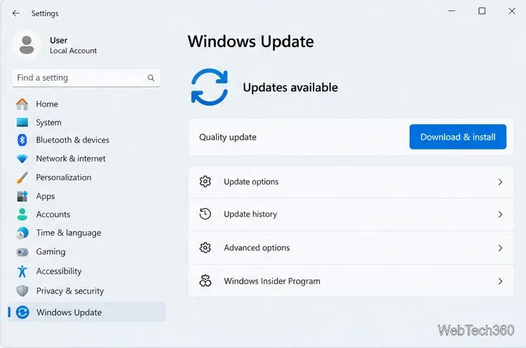 Page de mise à jour Windows affichant une mise à jour de qualité disponible et un bouton Télécharger et installer.