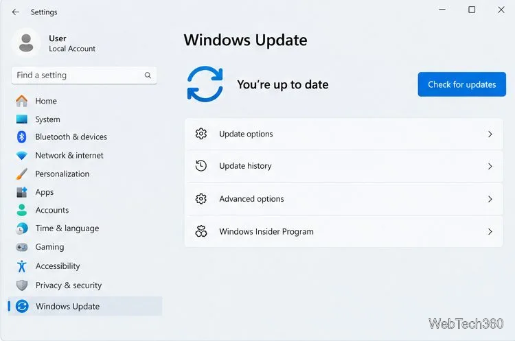 Page Windows Update avec le bouton « Rechercher les mises à jour » visible.