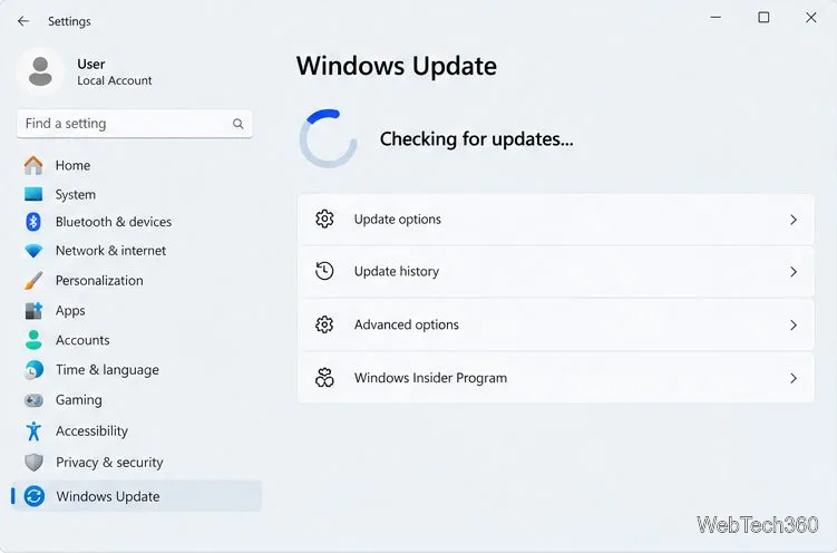 Windows Update recherche les mises à jour disponibles et affiche une indication de progression.