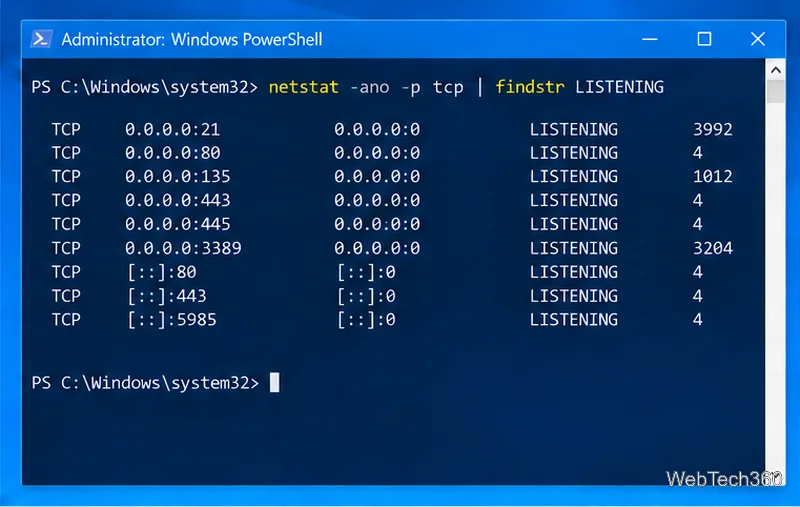 Windows PowerShell netstat output listing listening TCP addresses, ports, and process IDs.