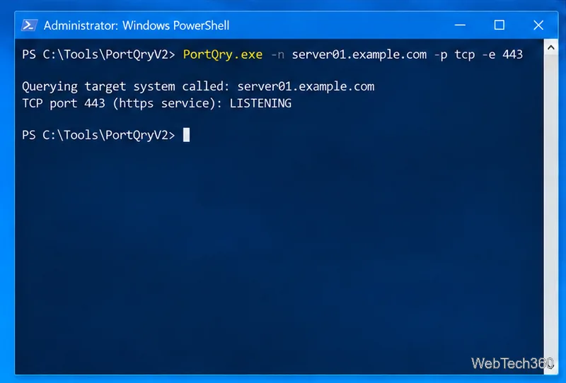 PortQry command querying TCP port 443 on a remote Windows Server and returning a LISTENING status.
