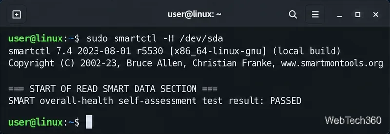 Linux terminal showing a smartctl health check that reports PASSED for a SATA drive