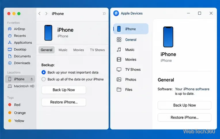 Finder on Mac and Apple Devices on Windows showing the Restore iPhone option
