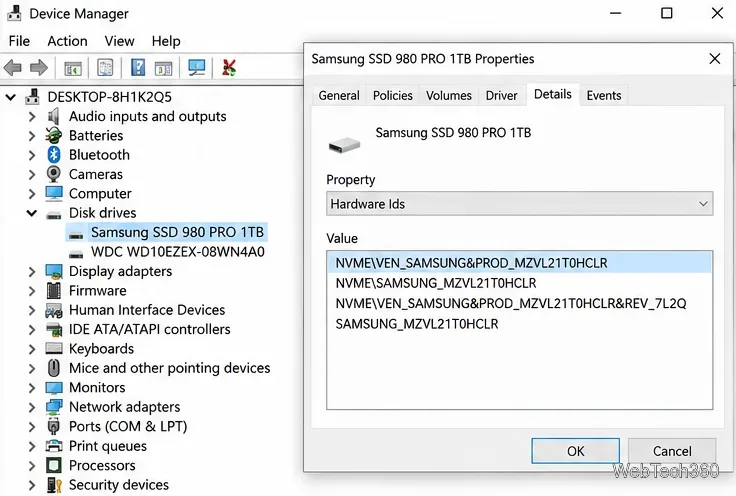 Windows 10 Device Manager showing NVME hardware IDs for an SSD