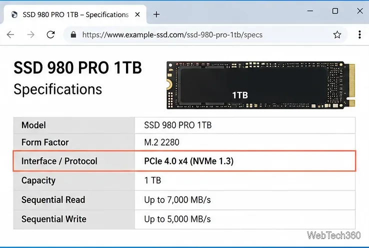 Example SSD specification page highlighting PCIe and NVMe in the interface and protocol field
