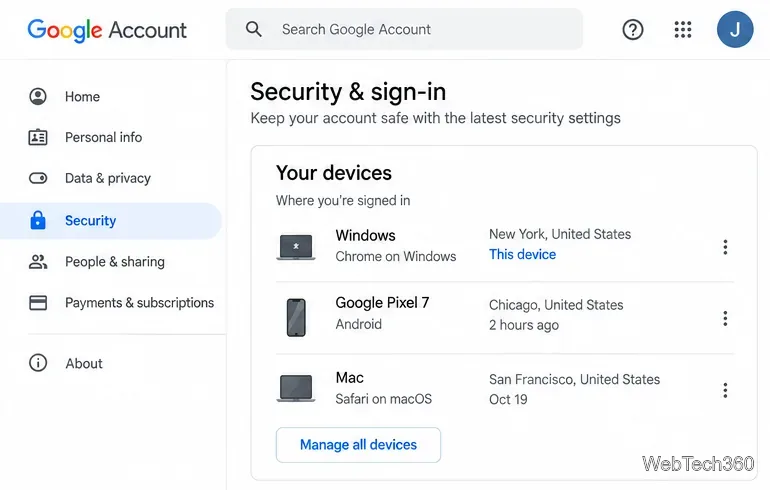 Sécurité du compte Google et page de connexion avec une liste de vos appareils et l'option « Gérer tous les appareils ».