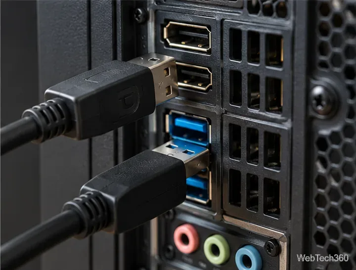 Primo piano dello schermo di un computer desktop e delle porte USB blu con i cavi di collegamento tenuti davanti alle prese.