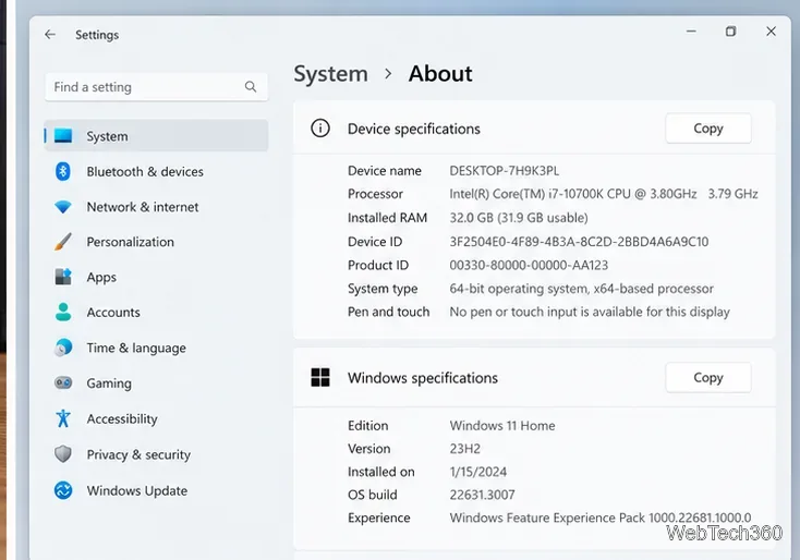 Pagina "Informazioni" delle Impostazioni di sistema di Windows che mostra il processore, la RAM installata, il tipo di sistema a 64 bit e le specifiche di Windows.