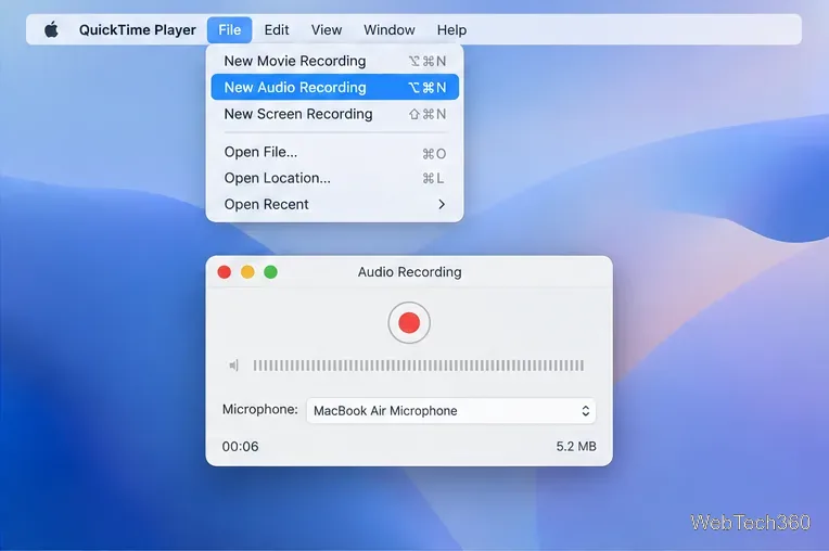 QuickTime Player auf dem Mac mit der Option „Neue Audioaufnahme“ und dem ausgewählten MacBook Air-Mikrofon.