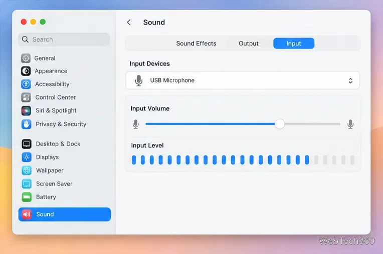 Die Mac-Soundeinstellungen zeigen ein als Audioeingang ausgewähltes USB-Mikrofon mit aktiven Pegelreglern an.