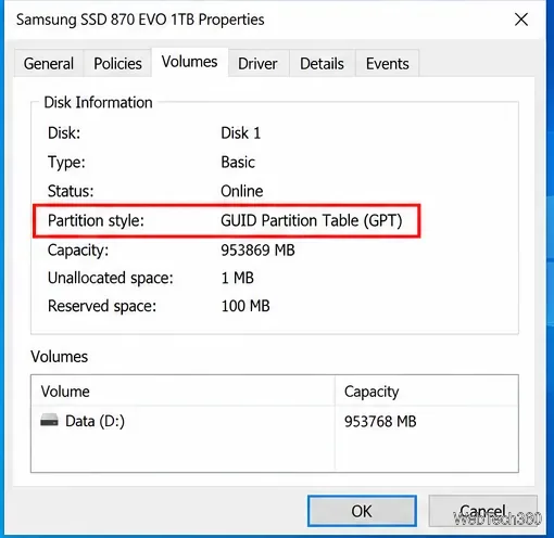 Windows 10 disk Properties Volumes tab showing GUID Partition Table GPT as the partition style