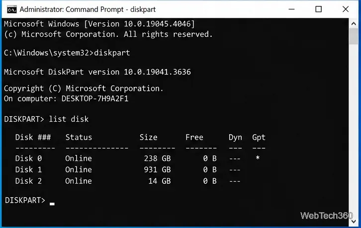 Windows 10 DiskPart list disk output with an asterisk in the GPT column for Disk 0