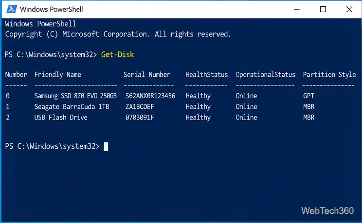Windows PowerShell Get-Disk output showing GPT and MBR values in the Partition Style column